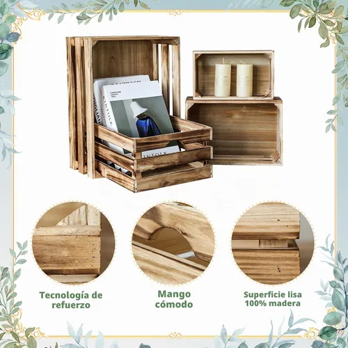 Vista 5 de Juego de 4 cajas de madera grandes decorativas con asas, cajas rústicas de madera de granja marrón para exhibición, organizador de cestas