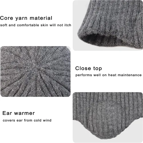 Vista 5 de Muryobao Gorro de invierno para hombre, con puños y orejeras, tejido elástico, gorro de punto para esquí