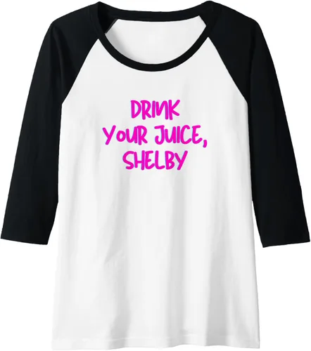 Vista 3 de Drink Your Juice Shelby - Camiseta de béisbol raglán con cita divertida, Negro, S Negro/Blanco