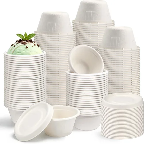Vista 9 de Vmiapxo 100 juegos de tazas de condimento de fibra de bagazo natural de 2 onzas con tapas, recipientes de condimentos de salsa compostables, platos