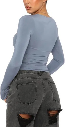 Vista 3 de UPCPY Camiseta de manga larga para mujer, ajustada, cuello redondo, Y2K, camiseta básica de otoño, ropa de calle