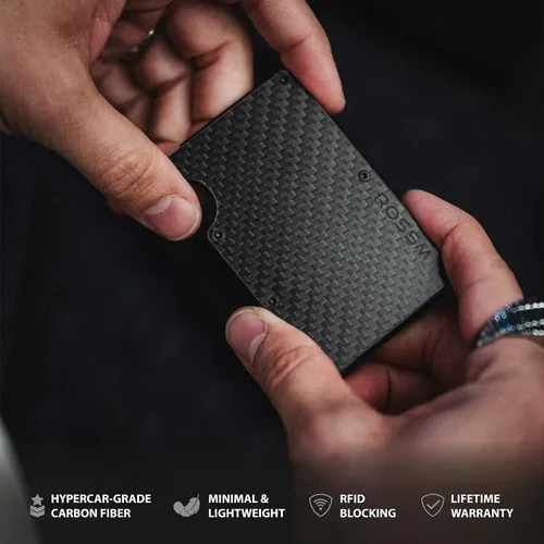 Vista 2 de ROSSM Cartera minimalista para hombre - Cartera delgada RFID para hombre - Cartera delgada de fibra de carbono y metal para tarjetas y dinero