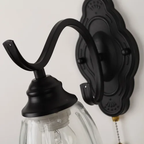 Vista 3 de Lámpara de pared con interruptor de cadena E27, retro, para dormitorio, mesita de noche, apliques de pared con pantalla de metal y vidrio, acabado