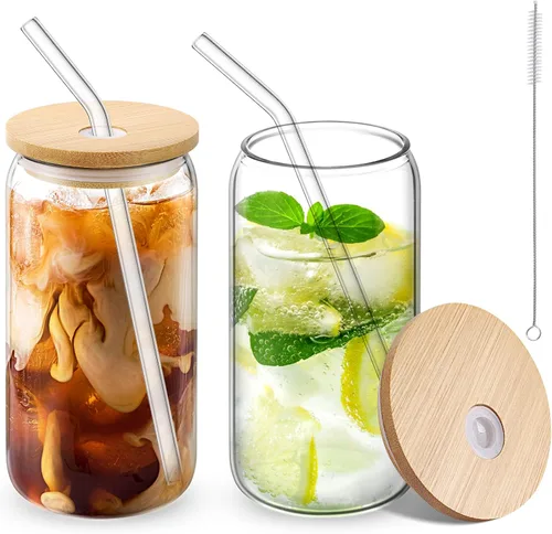 Vista 9 de CWHHRN Vasos de vidrio con tapas y pajitas, vasos de 16 onzas, tazas de café helado, vaso de vidrio con tapa, ideal para soda, té Boba Cocktai