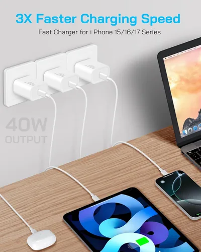 Vista 5 de Cargador de carga rápida para iPhone 17, 16, 15 Pro, bloque de carga rápida USB-C de 40 W para iPhone con cable de carga tipo C a C de 6 FT