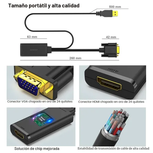 Vista 6 de BENFEI Adaptador VGA a HDMI, convertidor 1080P con audio de computadora/fuente VGA portátil a HDMI TV/monitor