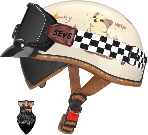 Vista 15 de Casco Moto Retro Jet para hombres y mujeres Homologado DOT, Medio Casco ABS, Ventilación Doble, Visera Retráctil y Forro Desmontable Fresco