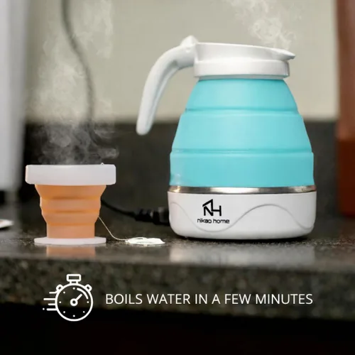 Vista 6 de Nikao Home - Hervidor eléctrico plegable con espumador de leche y taza plegable, hervidor de viaje, hervidor de té portátil para viajes, mini Azul