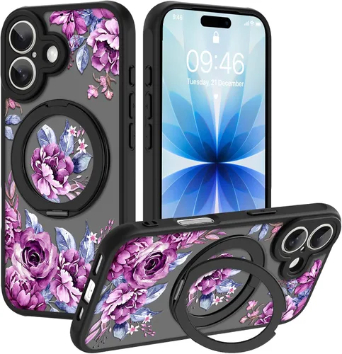 Vista 87 de OOK Funda magnética para iPhone 13 Pro Max [compatible con MagSafe] Funda delgada translúcida mate con flor silvestre negra, protección para lente