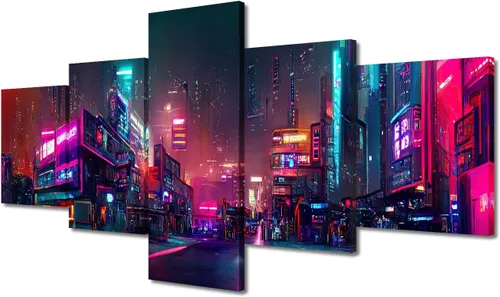 Vista 75 de Póster de 5 paneles en lienzo para decoración de pared, diseño de centro urbano Cyberpunk, impresión moderna, decoración de pared para el hogar