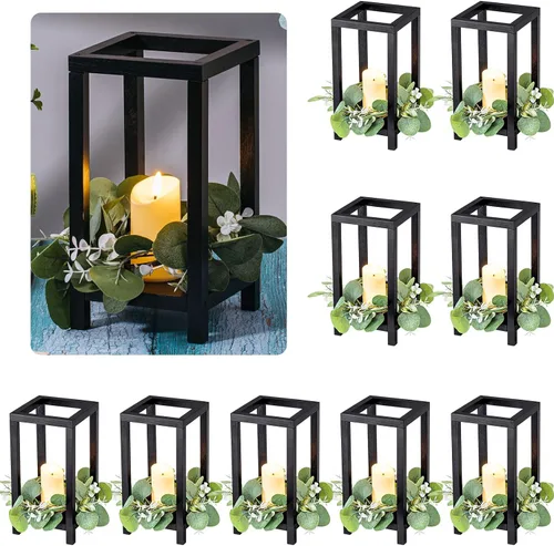 Vista 8 de Geelin 10 piezas de linterna de madera para centro de mesa de boda, linterna de vela de madera, portavelas decorativo para mesa de fiesta de boda