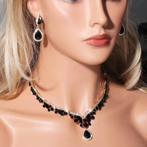 Vista 4 de Juego de aretes de collar de plata dorada roja esmeralda rosa negro azul joyería regalo para novia, mamá, esposa, abuela mujer en boda, fiesta