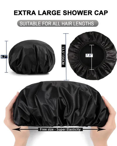 Vista 4 de YIZIJIZI Gorro de ducha con forro de rizo, gorro grande de tres capas para mujer, gorro de ducha reutilizable e impermeable, para cabello largo