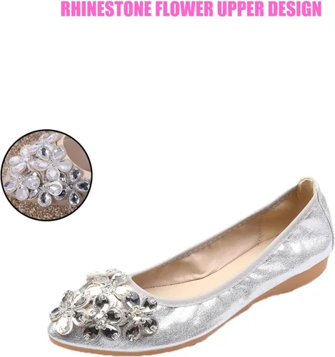 Vista 3 de Traveltopp Zapatos planos de ballet con diamantes de imitación para mujer, plegables, cómodos, puntiagudos, sin cordones, zapatos de vestir