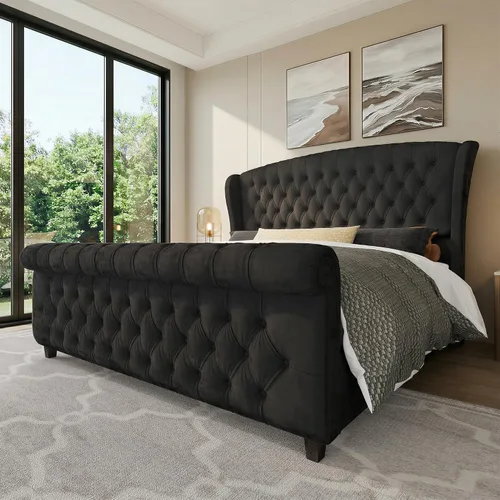 Vista 19 de LUXOAK Estructura de cama tapizada tamaño Queen con cabecera capitoné Negro