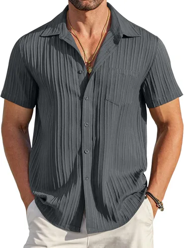 Vista 16 de COOFANDY - Camisas de botones casuales para hombre, de manga corta, con textura, camisa de playa de verano con bolsillo