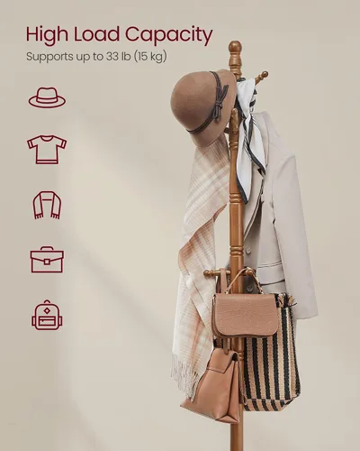 Vista 3 de VASAGLE Perchero de madera maciza y soporte, árbol de pasillo independiente con 10 ganchos para sombreros, bolsos, carteras, para entrada, pasillo
