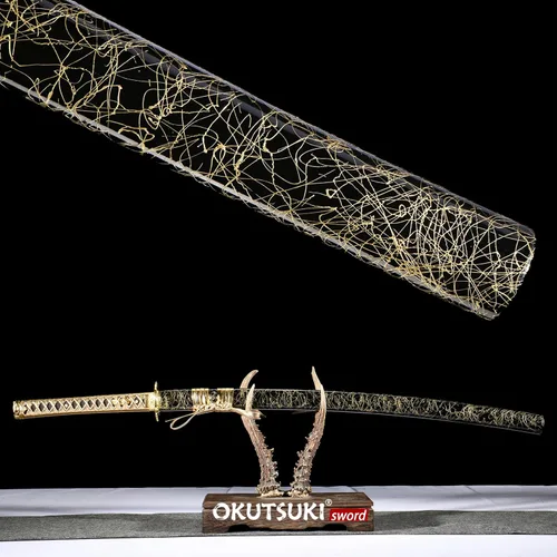 Vista 7 de Espada Katana de hoja nocturna dorada, 41 pulgadas, acero de alto carbono, parte superior afilada, hecha a mano, espada samurái japonesa espiga