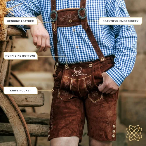 Vista 4 de BAVARIA TRACHTEN Lederhosen - Lederhosen alemán auténtico para hombre, traje de Oktoberfest, color marrón oscuro