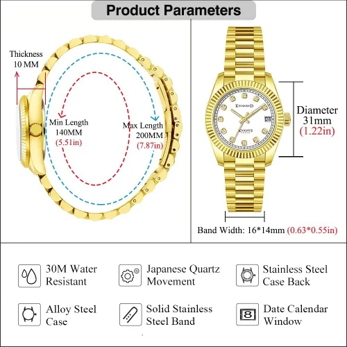 Vista 6 de Classic Dress Watch for Women Crystal Accented Dial Gold White
