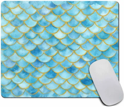 Vista 3 de Alfombrilla de mouse de escamas de sirena, escamas de peces de acuarela azul, rectangular, de goma antideslizante, 9.5 x 7.9 pulgadas