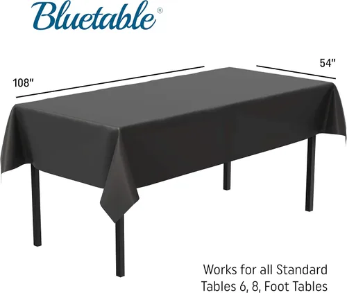 Vista 2 de Bluetable Mantel de plástico desechable rectangular negro (paquete de 12) a granel, mantel ultra resistente (54 x 108 pulgadas), mesas de 6 pies u 8