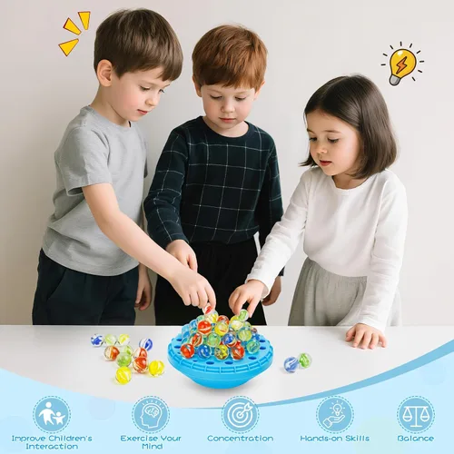 Vista 6 de Juego de equilibrio de canicas, 50 canicas coloridas con almacenamiento integrado, divertido desafío familiar para 1-4 jugadores, juguete educativo