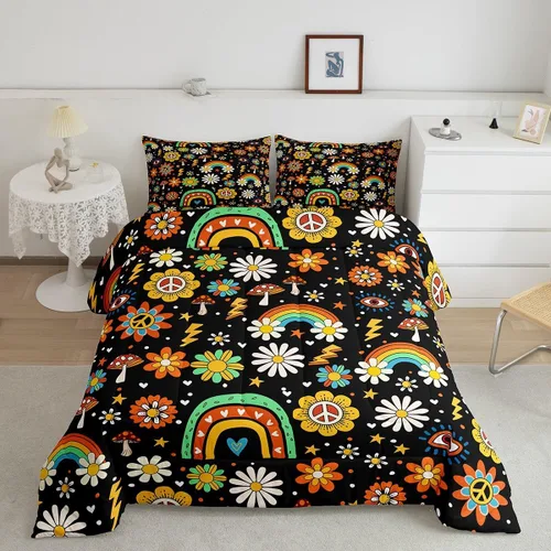 Vista 25 de Lindo juego de edredón de flores para niños y mujeres. Juego de ropa de cama de flores coloridas de dibujos animados, tamaño individual, bonito