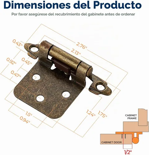 Vista 3 de Ravinte Bisagras de bronce antiguo para gabinete, superposición de 1/2 pulgada, paquete de 10 (5 pares)