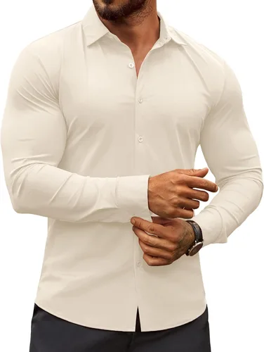 Vista 21 de COOFANDY Camisas de vestir ajustadas para hombre, sin arrugas, manga larga, casuales, con botones