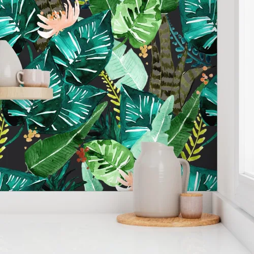 Vista 8 de Spoonflower Papel tapiz para despegar y pegar, hojas oscuras tropicales, hojas de plátano, selva, palma, verde, papel tapiz extraíble personalizado