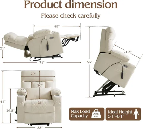 Vista 2 de Silla reclinable eléctrica para personas mayores con reposapiés extendido, silla reclinable plana de posición infinita para adultos con masaje