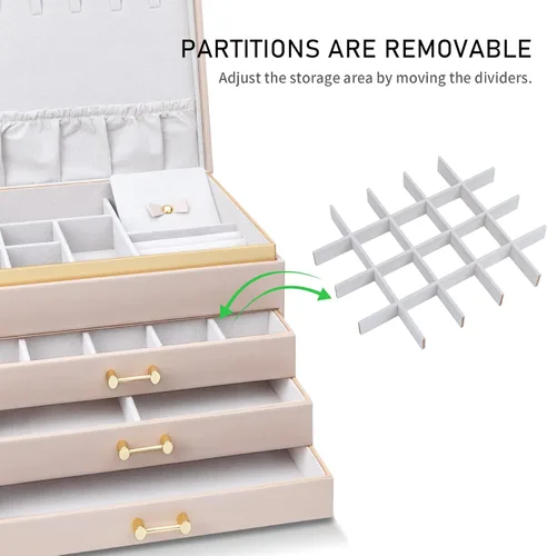 Vista 7 de V-LAFUYLIFE Jewelry Box Organizer for Women Girls, 4-Layer Large Jewelry boxes with 3 Drawers Jewelry Storage Case for Earrings Bracelets Necklaces