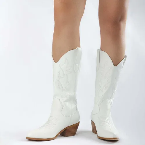 Vista 3 de Botas vaqueras modernas bordadas para mujer, botas de media pantorrilla, tacón grueso, retro, coloridas botas occidentales