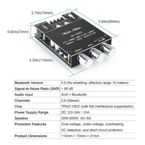 Vista 5 de 200W Bluetooth 5.0 Placa de Amplificador de Audio Estéreo de Potencia con Control de Agudos y Graves 2.0 Canal Mini Amplificador Digital Inalámbrico