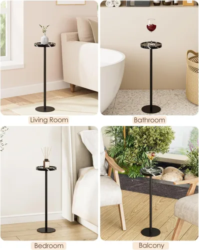 Vista 9 de Mesa de bebida, mesa auxiliar de pedestal pequeña, mesa de cóctel redonda, mesa auxiliar circular con base de metal, para espacios pequeños