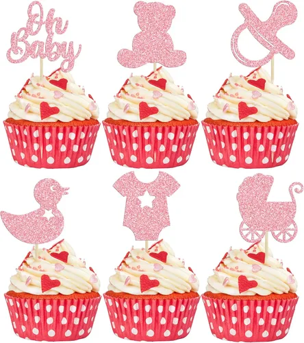 Vista 14 de Gyufise Paquete de 36 adornos para cupcakes Oh Baby ensamblados con texto en inglés "It's a Boy" con corbata, mameluco de amor, corazón, purpurina