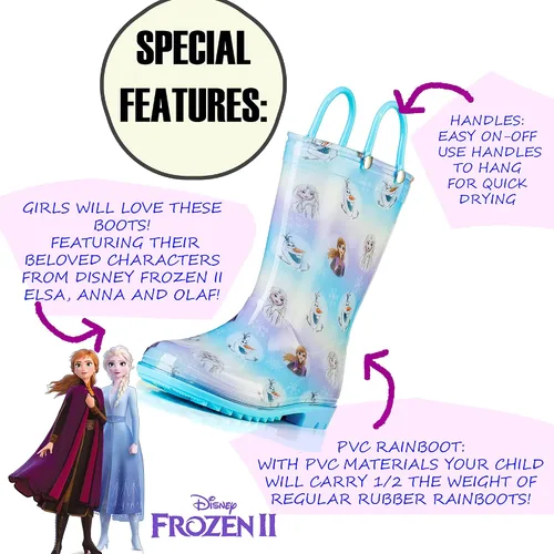 Vista 6 de Disney Frozen 2 Girls' Anna, Elsa & Olaf Waterproof PVC Rain Boots with Easy-On Handles Pink & Purple Toddler & Little Kid Sizes
