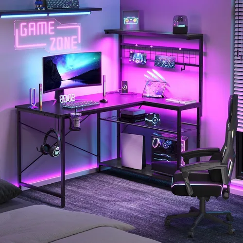 Vista 9 de Bestier Escritorio de juegos en forma de L de 42 pulgadas, escritorio para computadora con tomas de corriente y luz LED, escritorio reversible