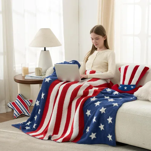 Vista 2 de Snuggle Sac Manta patriótica de la bandera estadounidense para sofá, cama del 4 de julio, manta ultra suave y acogedora, 250 aniversario, veterano