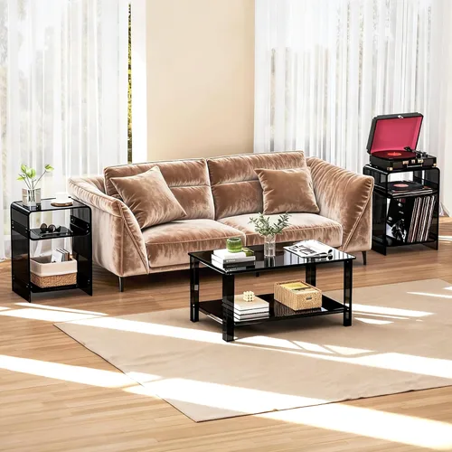 Vista 6 de Mesa de tocadiscos de acrílico con estante de almacenamiento, mesa auxiliar transparente mesita de noche (negro, mediano)
