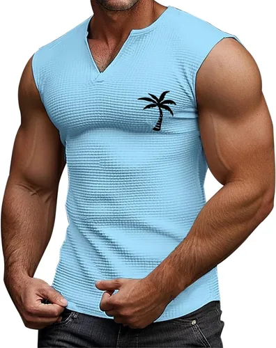 Vista 9 de Camiseta sin mangas con estampado gráfico de verano para hombre, cuello en V, talla grande, casual, recortada, para gimnasio, atlética, muscular