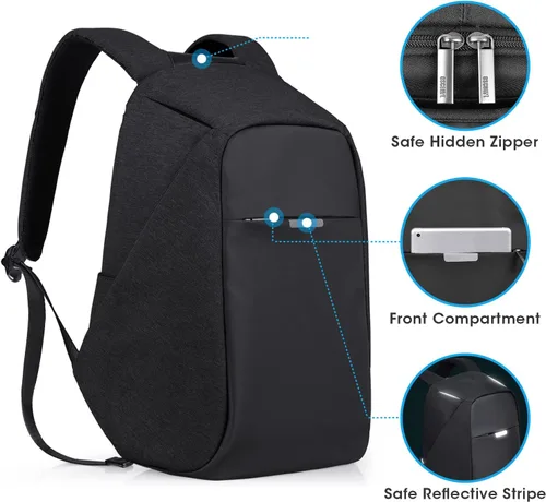 Vista 3 de Mochila de viaje antirrobo portátil, mochila para laptop con puerto de carga USB., Negro