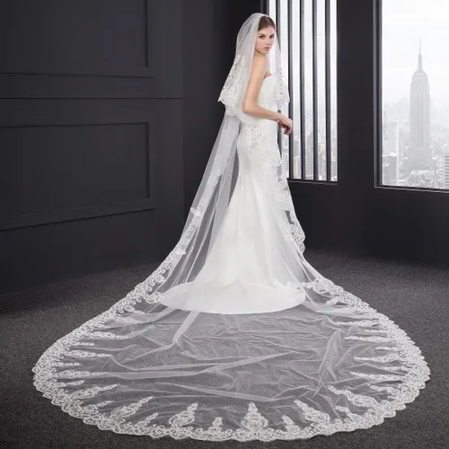 Vista 4 de ElieHouse Women 2 Tier Cathedral Sequin Lace Wedding Bridal Veil With Metal Comb
