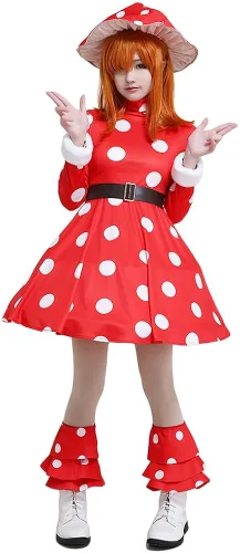 Vista 3 de miccostumes Disfraz de héroe de anime para mujer, disfraz de cosplay de cuello alto de hongo rojo con sombrero