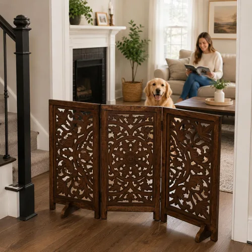 Vista 8 de Puerta independiente para mascotas para perros, puerta plegable de madera para perros para casa, puerta interior para perros para escaleras