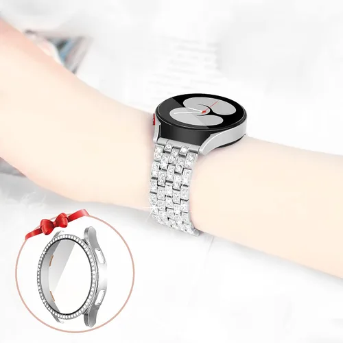Vista 5 de Correa de diamantes compatible con Samsung Galaxy Watch 4 5 FE - Correa de 1.575 pulgadas con protector de pantalla, 0.787 pulgadas de liberación