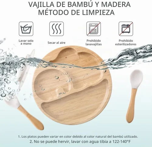 Vista 6 de Placas de succión para bebés y niños pequeños, platos de alimentación divididos de bambú con tenedor y cuchara de silicona, platos de comida