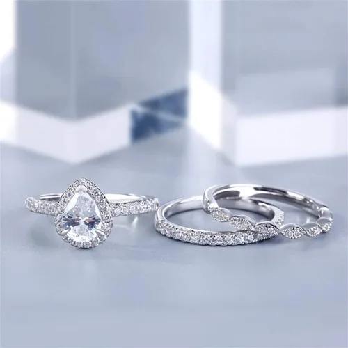 Vista 4 de Jeulia Juego de anillos de halo de corte pera, anillo de compromiso con forma de corazón CZ para mujer, plata de ley, diamante blanco, anillos
