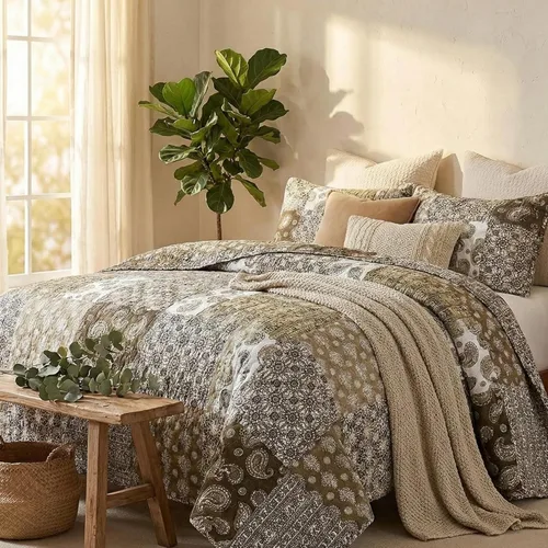 Vista 4 de DaDa Bedding - Colcha de algodón bohemio con retazos florales, diseño de filigrana marroquí, cachemira, verde oliva, marrón, reversible, multicolor